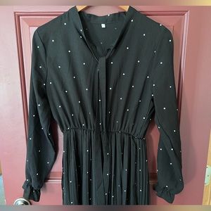 Long sleeve black midi dress with polka dots